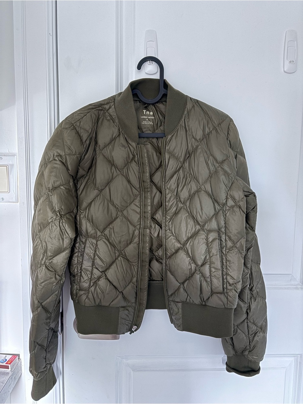 TNA Quilted Bomber Jacket in Olive Green